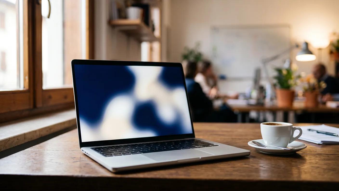 Laptop in a bright Italian freight office, its screen an unreadable navy glow.