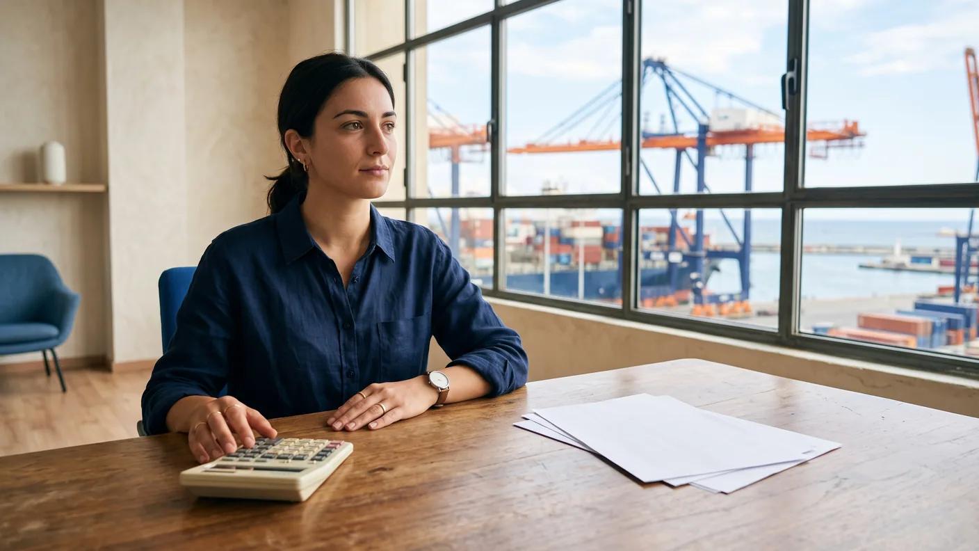 Quote desk in an Italian freight office, harbor crane out the window.