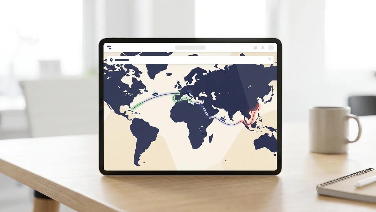 World map with a curved Italy-to-Asia shipping route and container icons, Delta Novel route visibility.