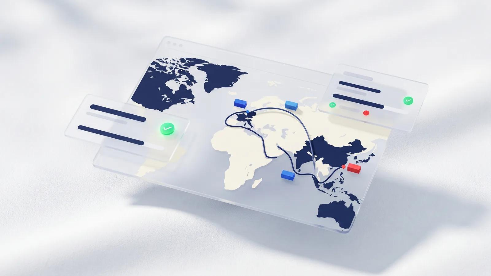 Delta Novel digital tracking portal overview, shipment status cards on a world map.