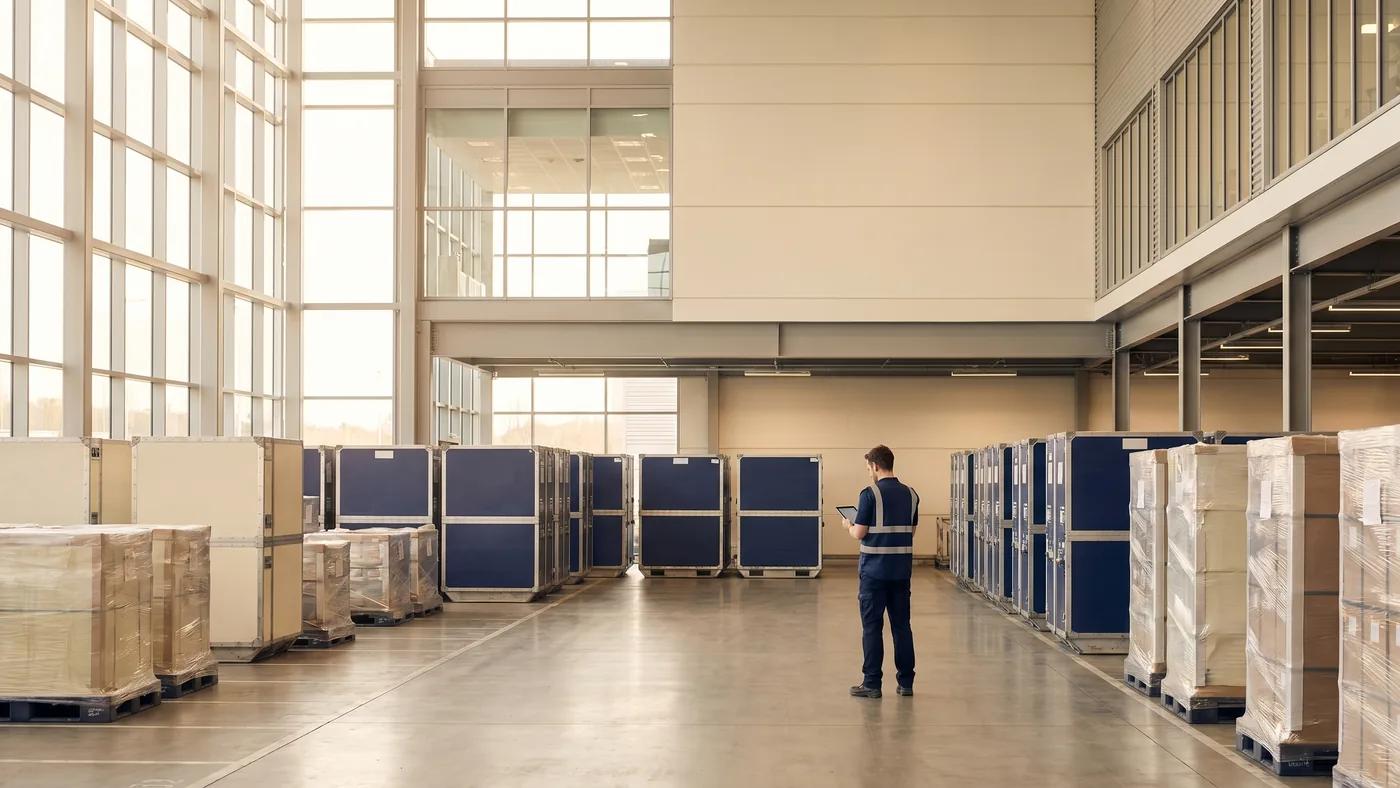 Modern air cargo terminal interior with stacked ULD containers, Delta Novel air freight handling.