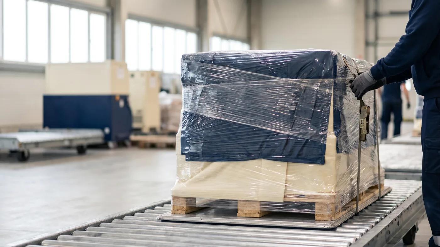 Palletized and shrink-wrapped air cargo prepared on a roller dolly, Delta Novel air freight build-up.
