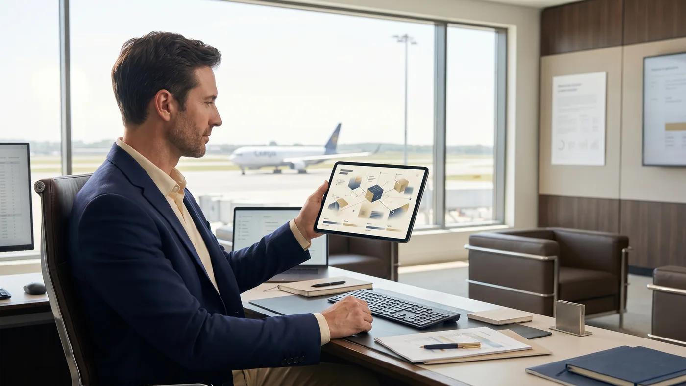Air cargo coordinator reviewing an urgent shipment on a tablet at a runway-side control desk, Delta Novel time-critical air freight.