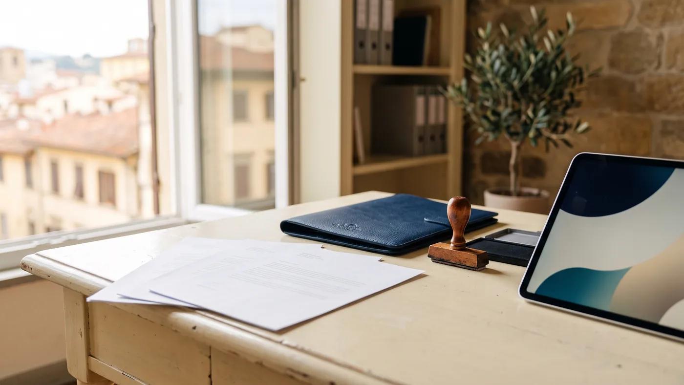 Customs documentation on an Italian forwarder’s desk with stamps and certificates, Delta Novel customs paperwork.