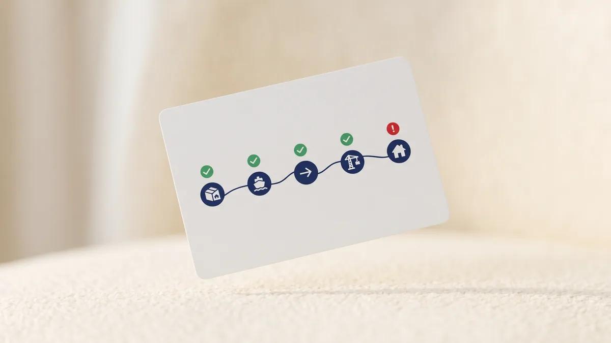 Shipment status detail card with carrier, vessel and ETA in a digital tracking portal, Delta Novel shipment status.