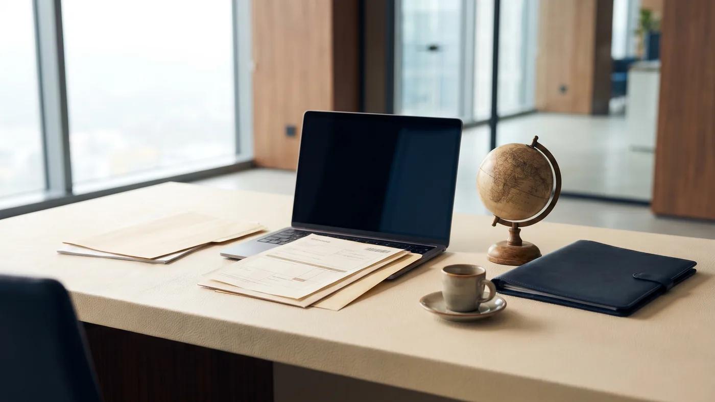 Bill of lading and shipping documents on an Italian freight forwarder's desk, Delta Novel ocean freight documentation.