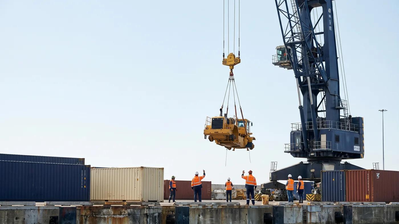 Heavy-lift crane lifting oversized industrial cargo at quay-side under supervision, Delta Novel heavy-lift coordination.
