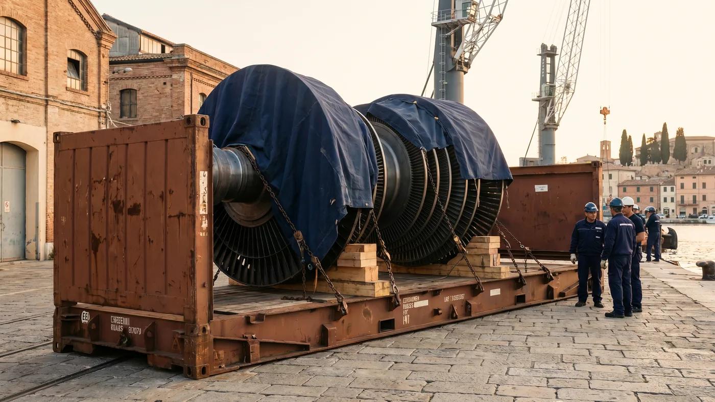 Oversized industrial component lashed onto a flat-rack container in an Italian port, Delta Novel flat-rack project cargo.