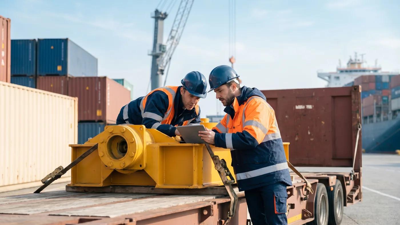 Project cargo planners reviewing engineering drawings and route surveys for oversized cargo, Delta Novel project planning.