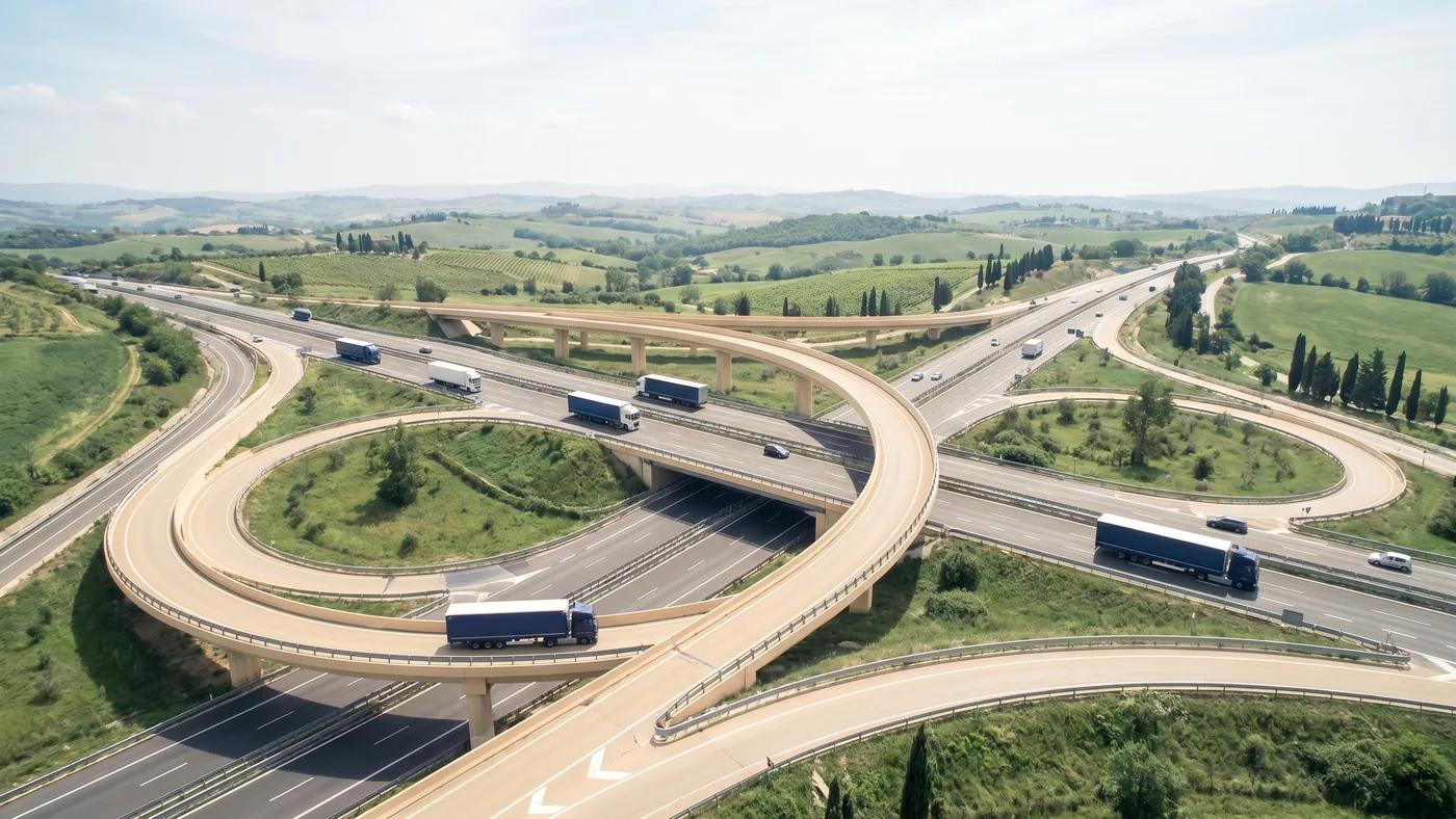 Italian highway interchange with light truck traffic, Delta Novel cross-border European road network.