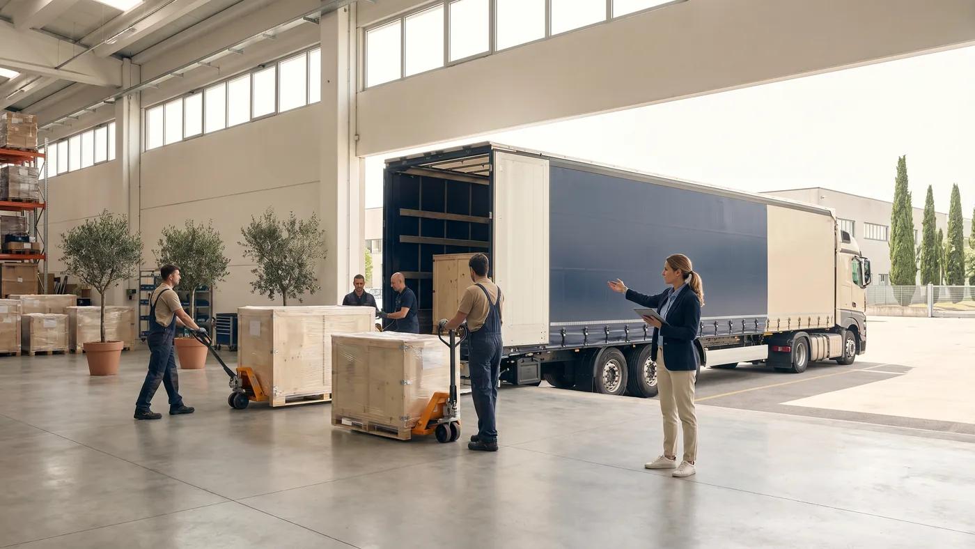 Italian warehouse dock with a trailer being loaded by a coordinator, Delta Novel European road freight pick-up.