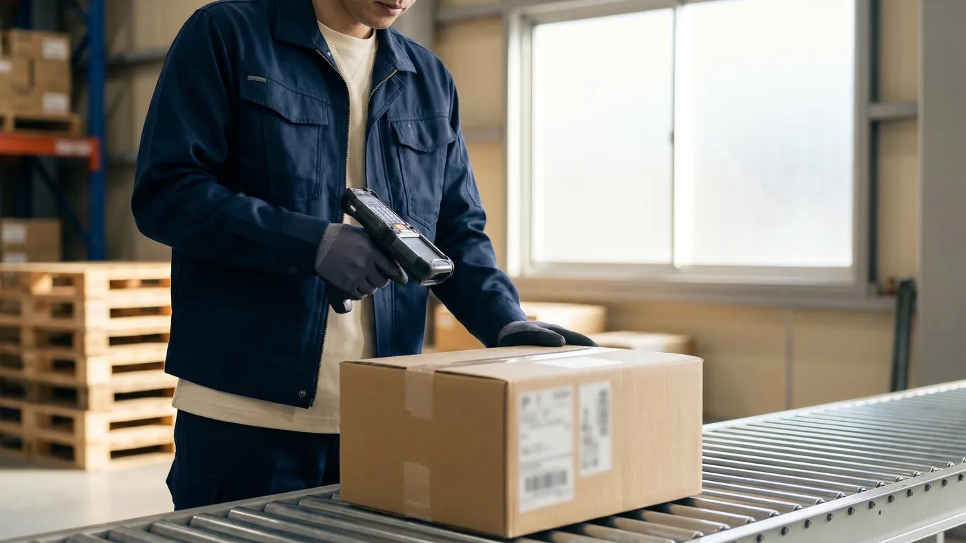 Delta Novel warehouse operator scanning and labelling a packaged carton on a roller conveyor — repackaging, kitting and value-added handling.